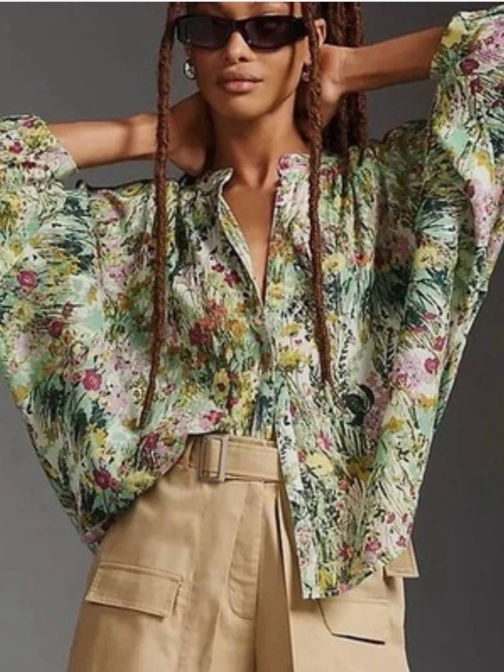 Pilcro Green Floral Button-Front Blouse